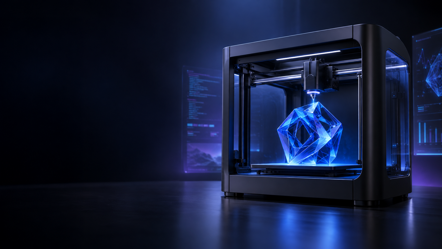Impressora 3D em ambiente tecnológico criando uma peça luminosa
